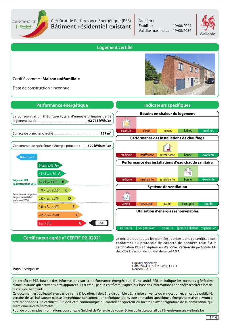 Exemple de certificat PEB wallon avec son label energetique de A++ a G